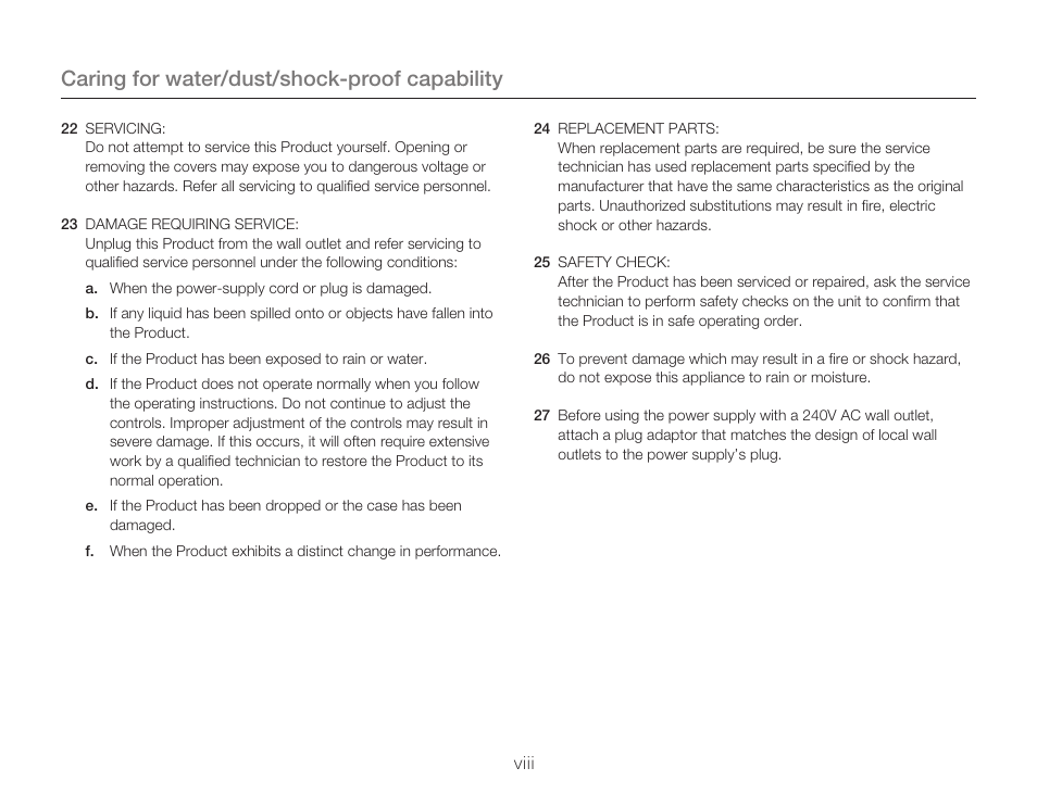 Caring for water/dust/shock-proof capability, Viii | Samsung HMX-W300RN-XAA User Manual | Page 8 / 112