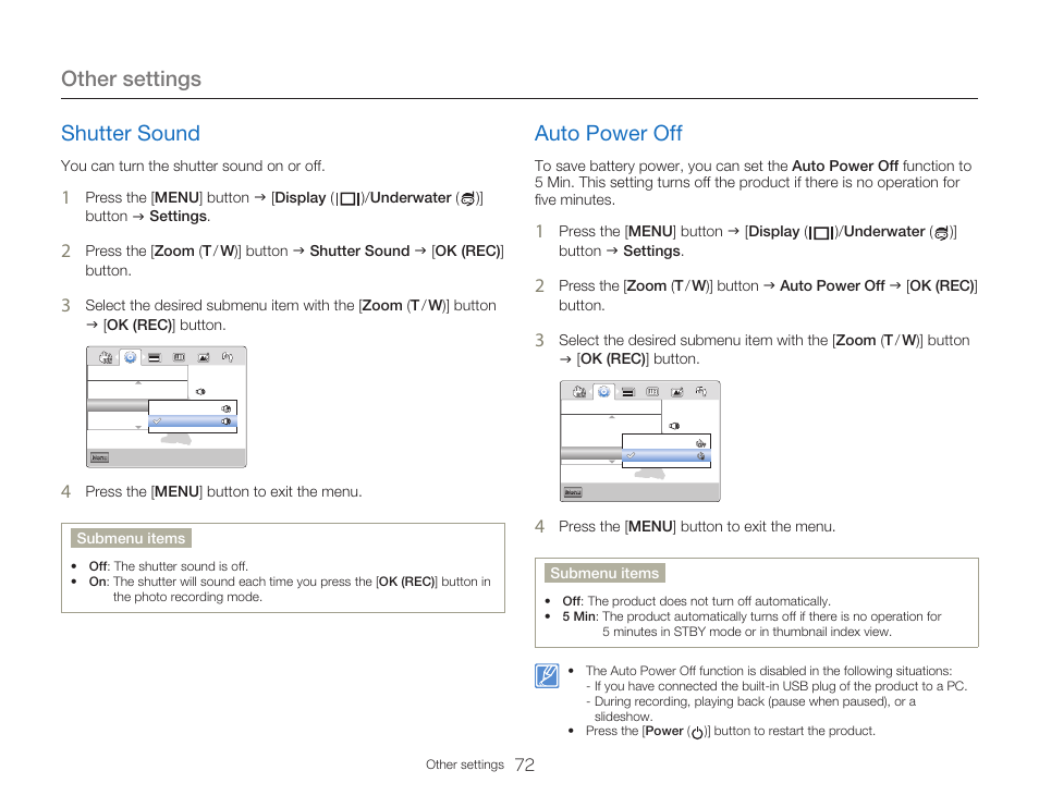 Shutter sound, Auto power off, Other settings | Samsung HMX-W300RN-XAA User Manual | Page 80 / 112