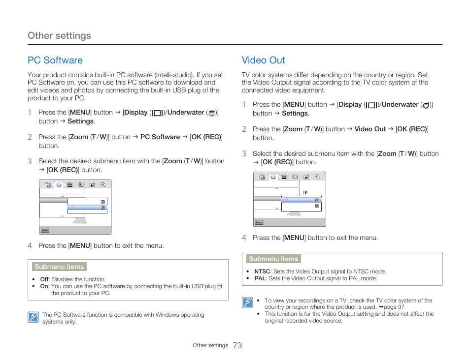 Pc software, Video out, Other settings | Samsung HMX-W300RN-XAA User Manual | Page 81 / 112