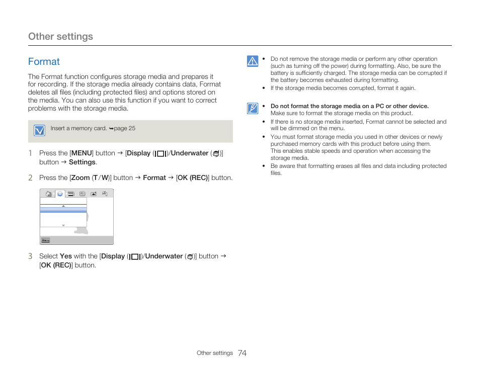 Format, Other settings | Samsung HMX-W300RN-XAA User Manual | Page 82 / 112