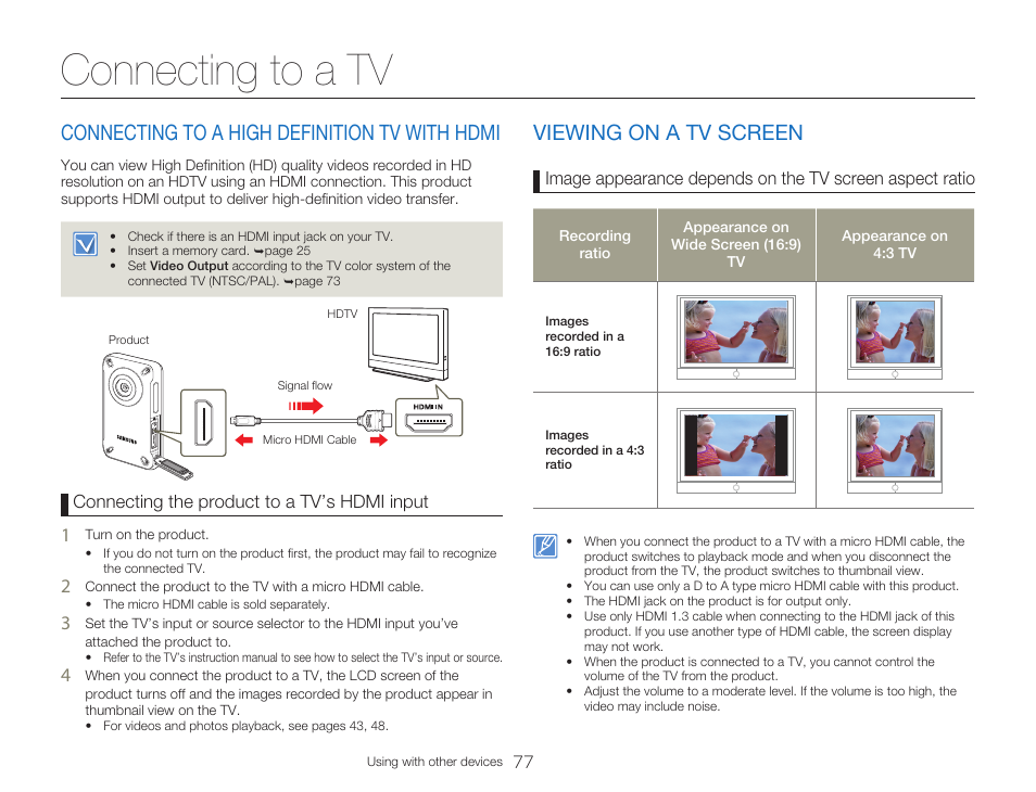 Connecting to a tv, Connecting to a high definition tv with hdmi, Viewing on a tv screen | Samsung HMX-W300RN-XAA User Manual | Page 85 / 112