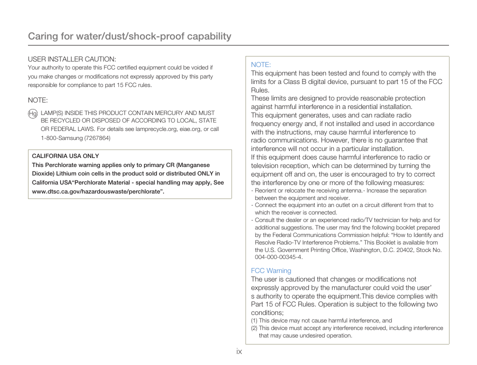 Caring for water/dust/shock-proof capability | Samsung HMX-W300RN-XAA User Manual | Page 9 / 112