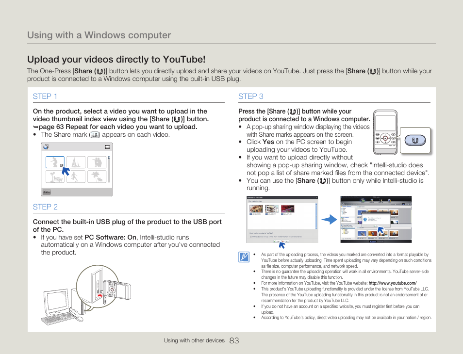 Using with a windows computer, Upload your videos directly to youtube | Samsung HMX-W300RN-XAA User Manual | Page 91 / 112