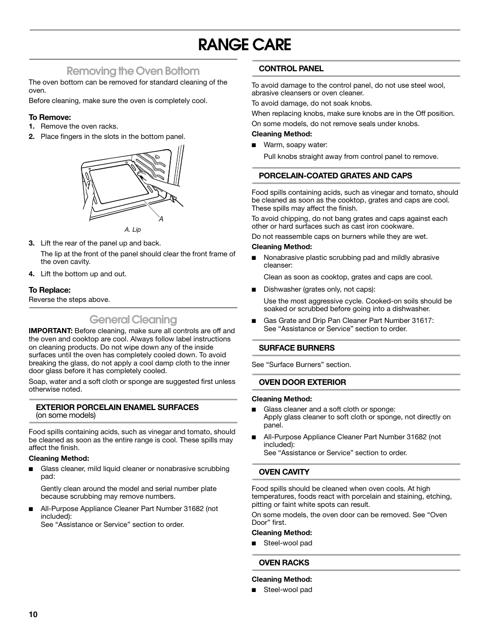 Range care, Removing the oven bottom, General cleaning | Amana W10320693A User Manual | Page 10 / 28