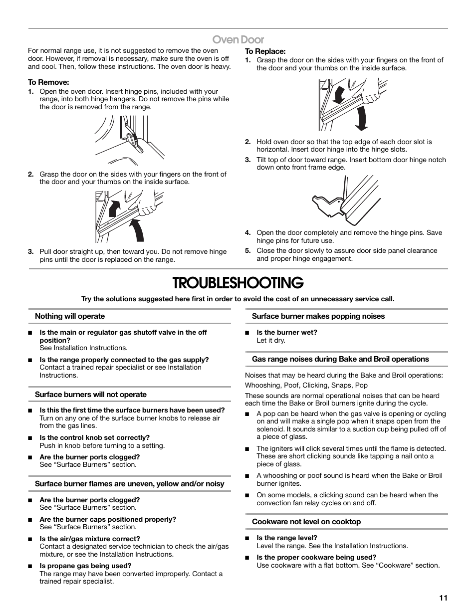 Troubleshooting, Oven door | Amana W10320693A User Manual | Page 11 / 28