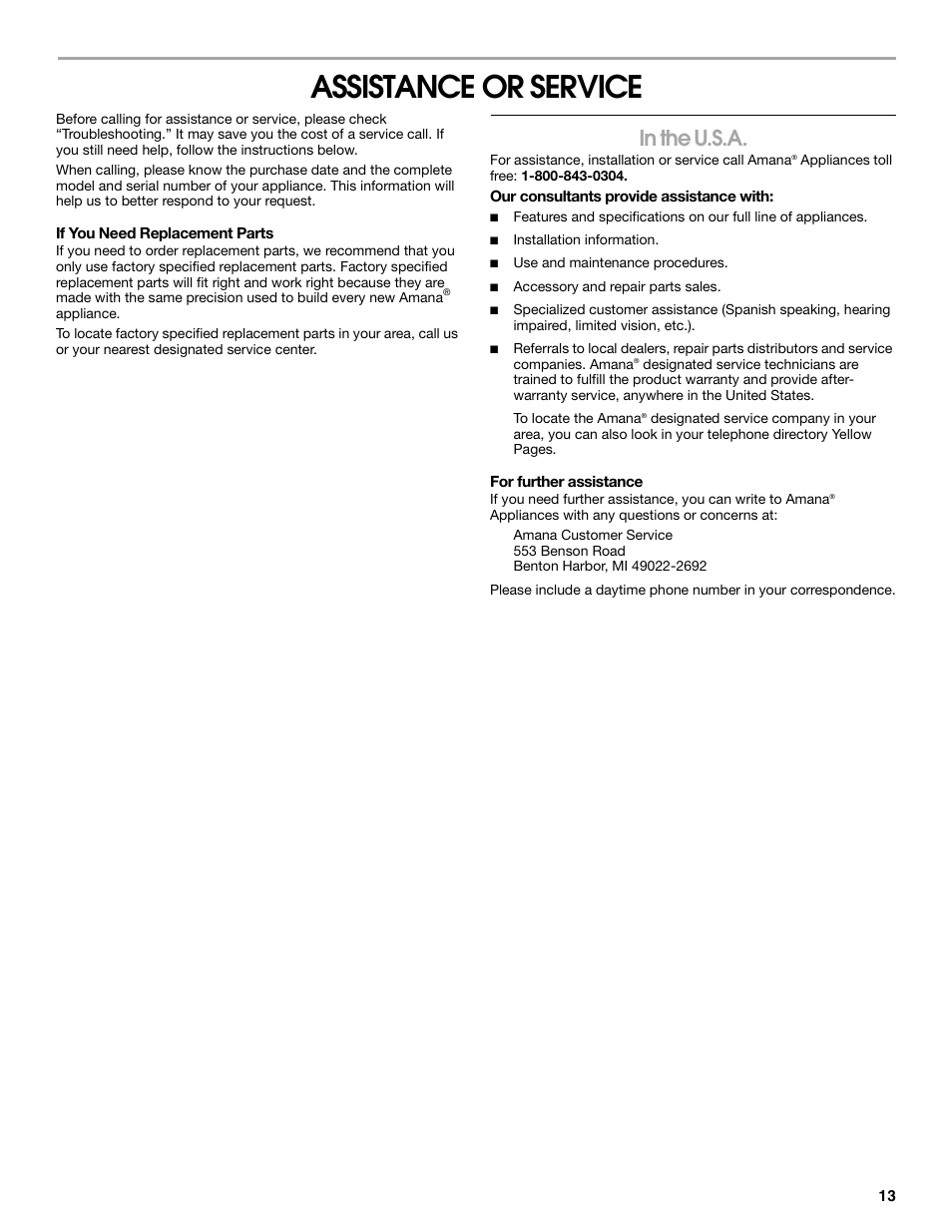 Assistance or service | Amana W10320693A User Manual | Page 13 / 28