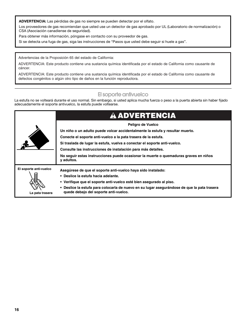 Advertencia, El soporte antivuelco | Amana W10320693A User Manual | Page 16 / 28