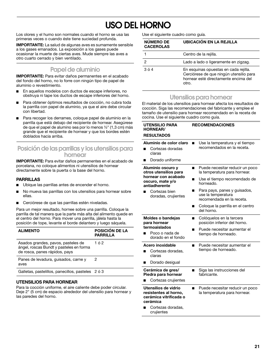 Uso del horno, Papel de aluminio, Utensilios para hornear | Amana W10320693A User Manual | Page 21 / 28