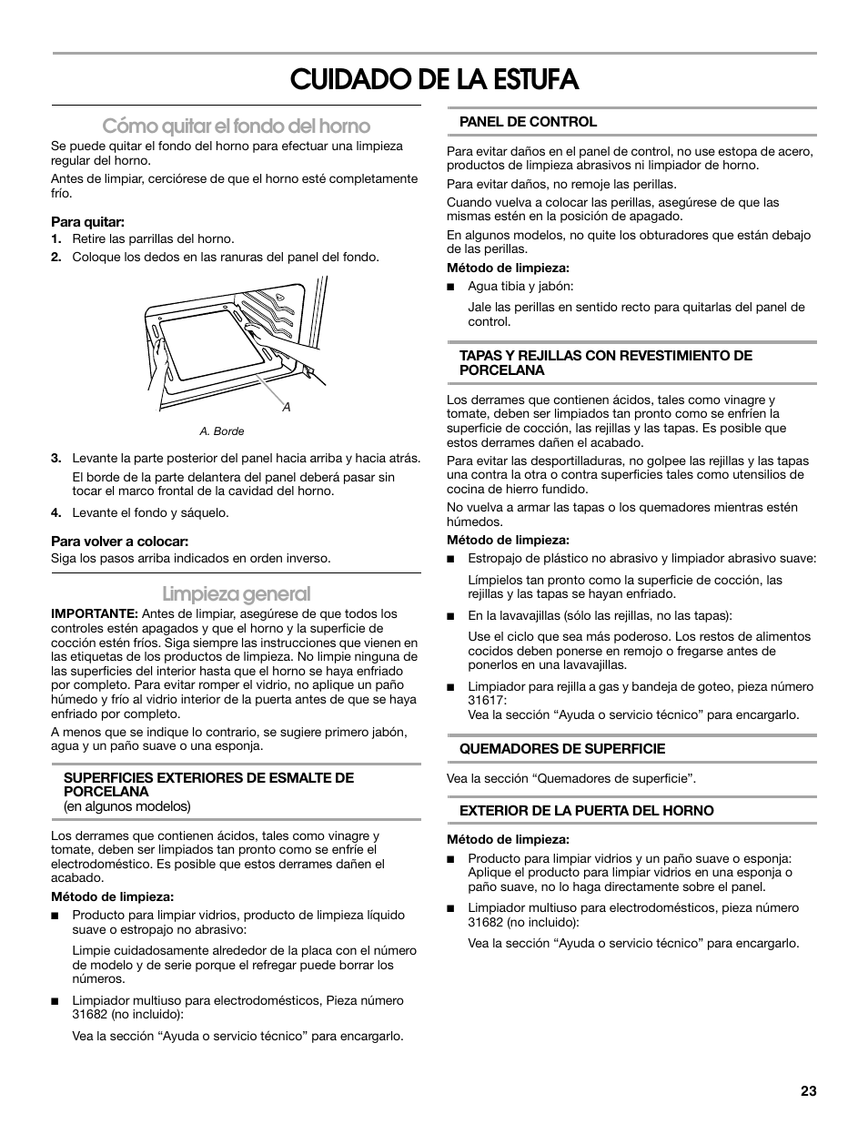 Cuidado de la estufa, Cómo quitar el fondo del horno, Limpieza general | Amana W10320693A User Manual | Page 23 / 28