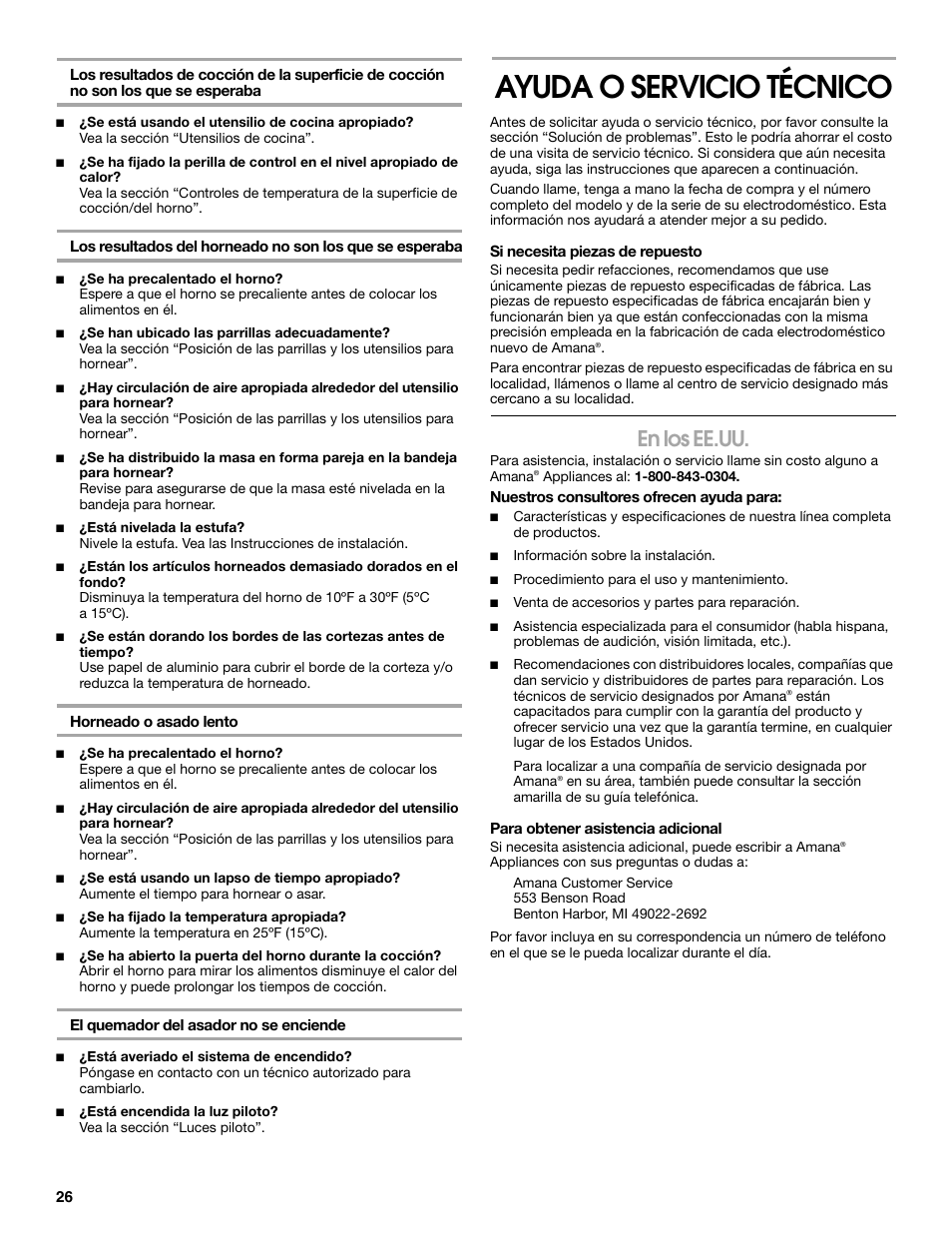 Ayuda o servicio técnico, En los ee.uu | Amana W10320693A User Manual | Page 26 / 28
