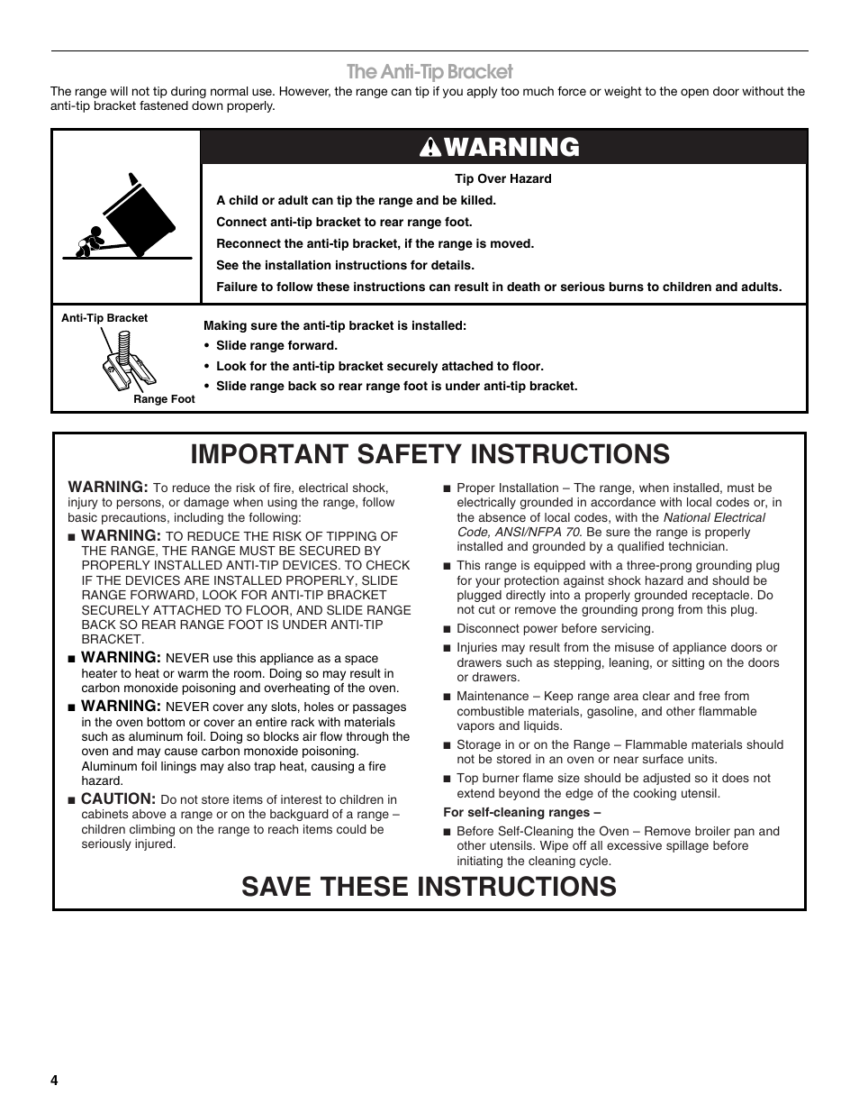 Warning, The anti-tip bracket | Amana W10320693A User Manual | Page 4 / 28