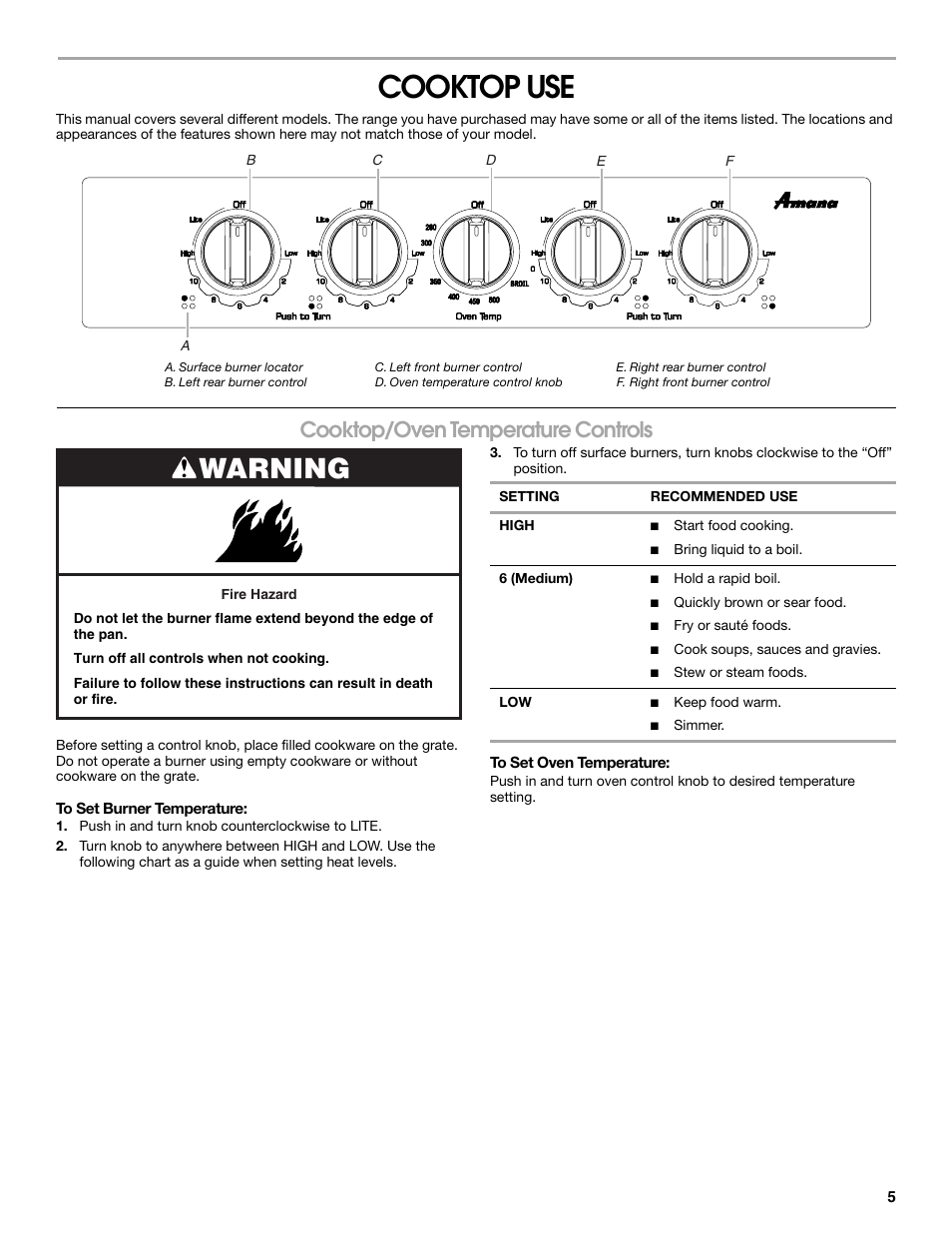 Cooktop use, Warning, Cooktop/oven temperature controls | Amana W10320693A User Manual | Page 5 / 28