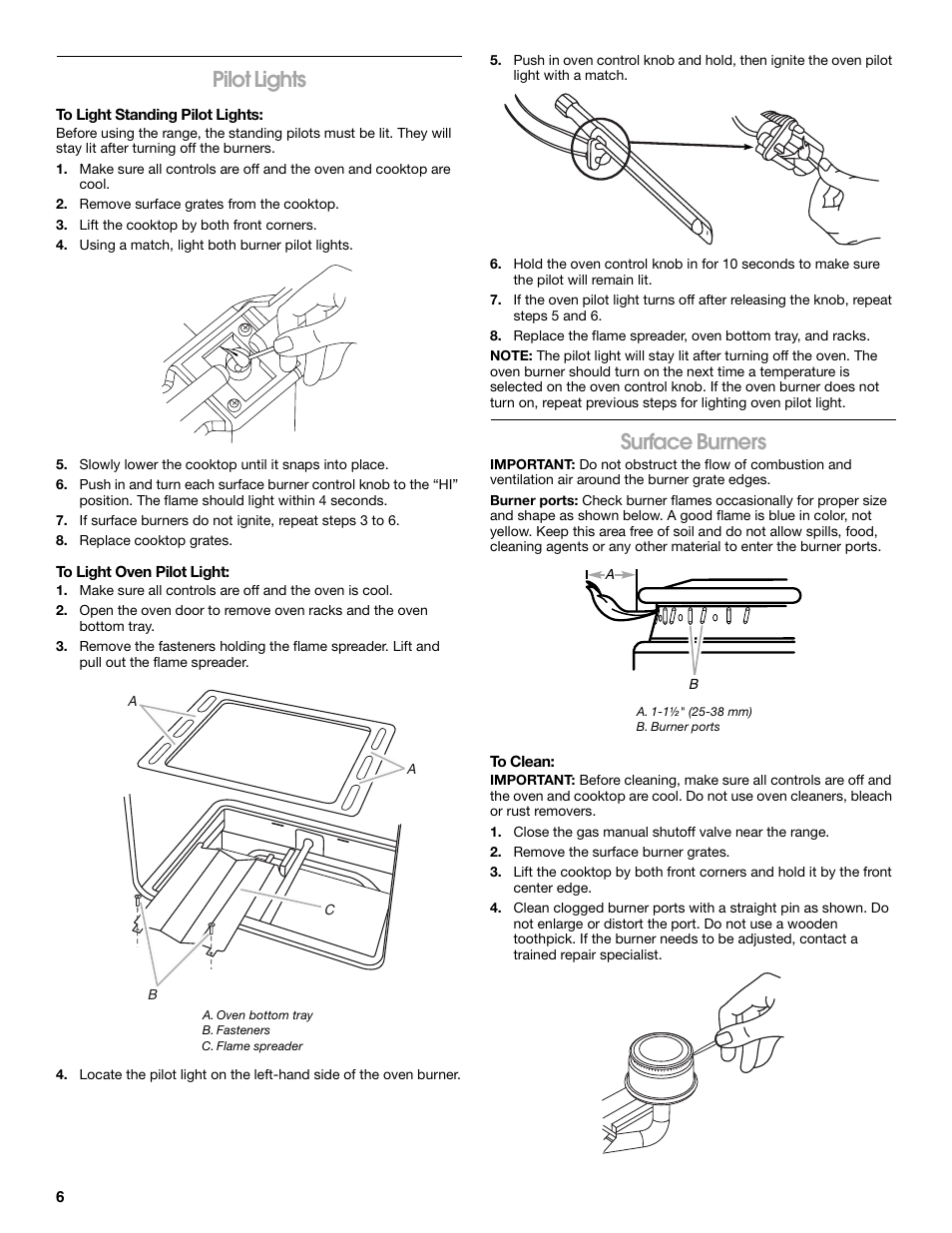 Pilot lights, Surface burners | Amana W10320693A User Manual | Page 6 / 28