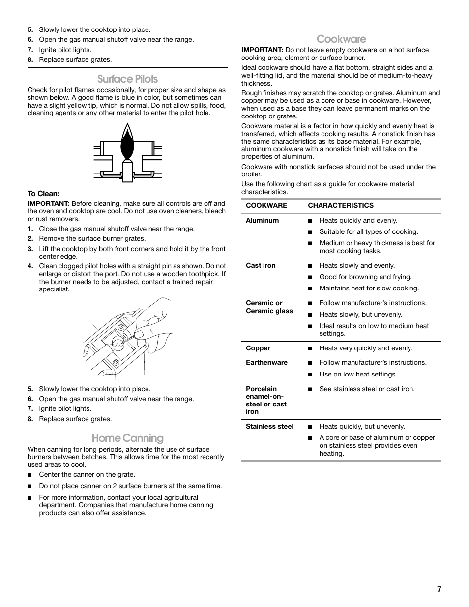 Surface pilots, Home canning, Cookware | Amana W10320693A User Manual | Page 7 / 28