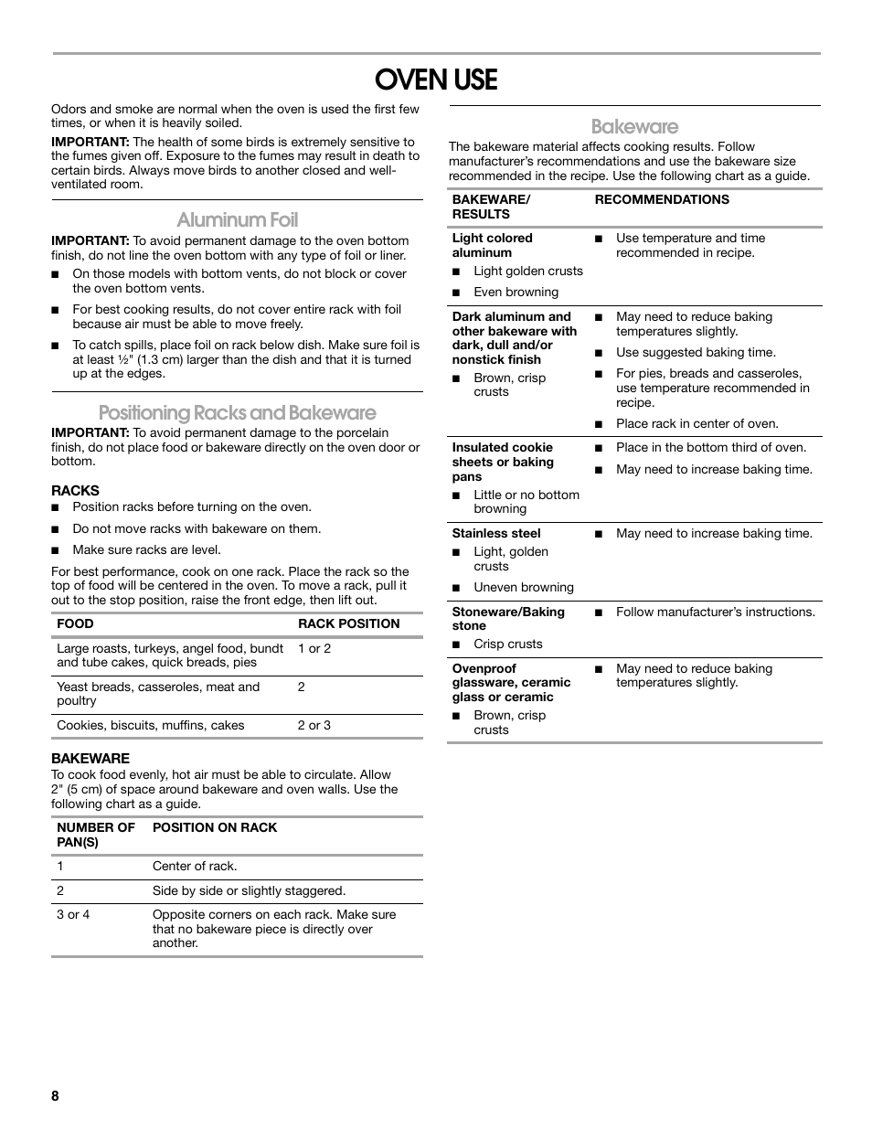 Oven use, Aluminum foil, Positioning racks and bakeware | Bakeware | Amana W10320693A User Manual | Page 8 / 28