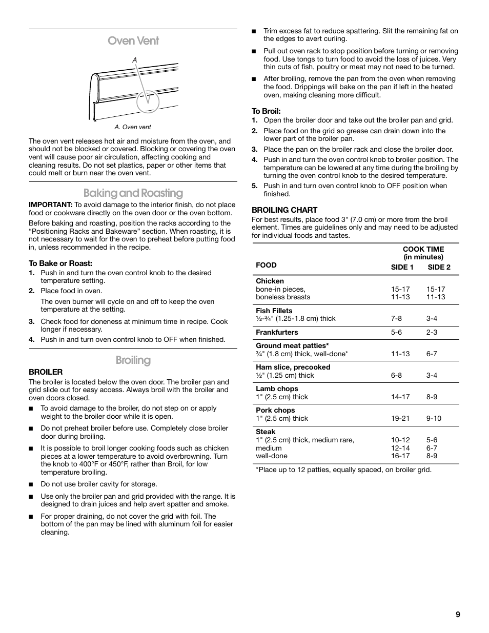 Oven vent, Baking and roasting, Broiling | Amana W10320693A User Manual | Page 9 / 28