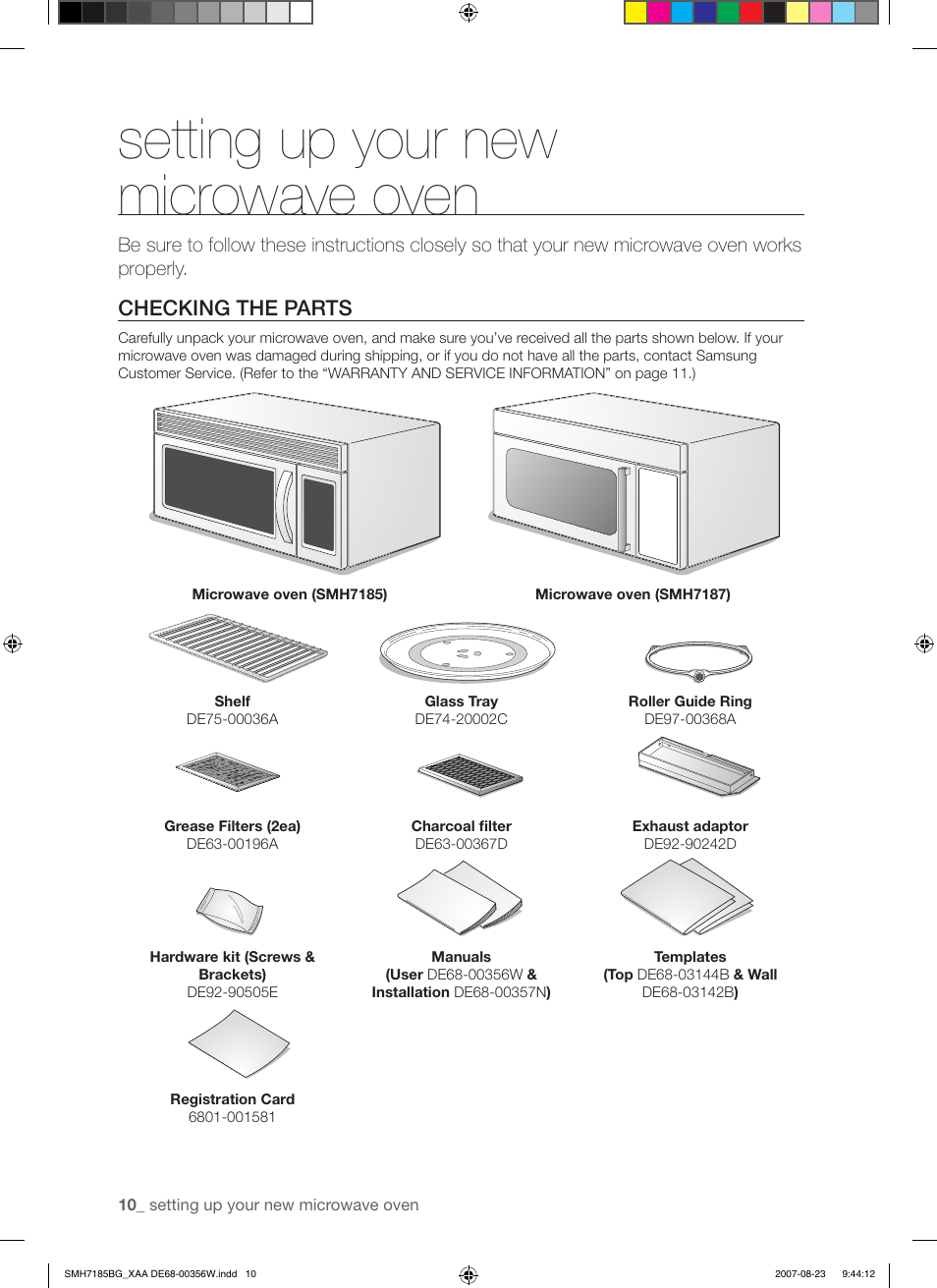 Setting up your newmicrowave oven, Setting up your new microwave oven, Checking the parts | Samsung SMH7185WG-XAA User Manual | Page 10 / 44