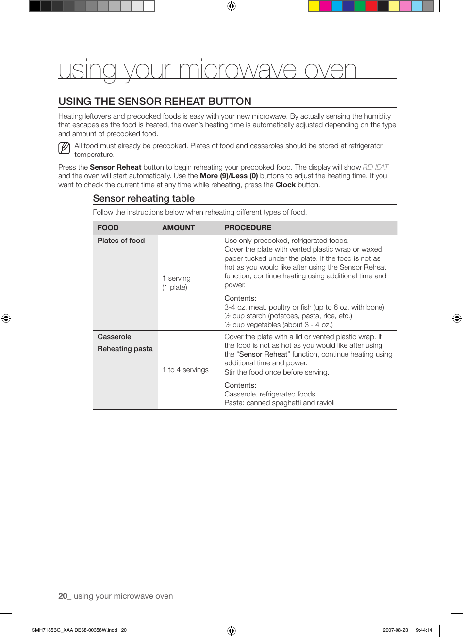 Using your microwave oven, Using the sensor reheat button, Sensor reheating table | Samsung SMH7185WG-XAA User Manual | Page 20 / 44