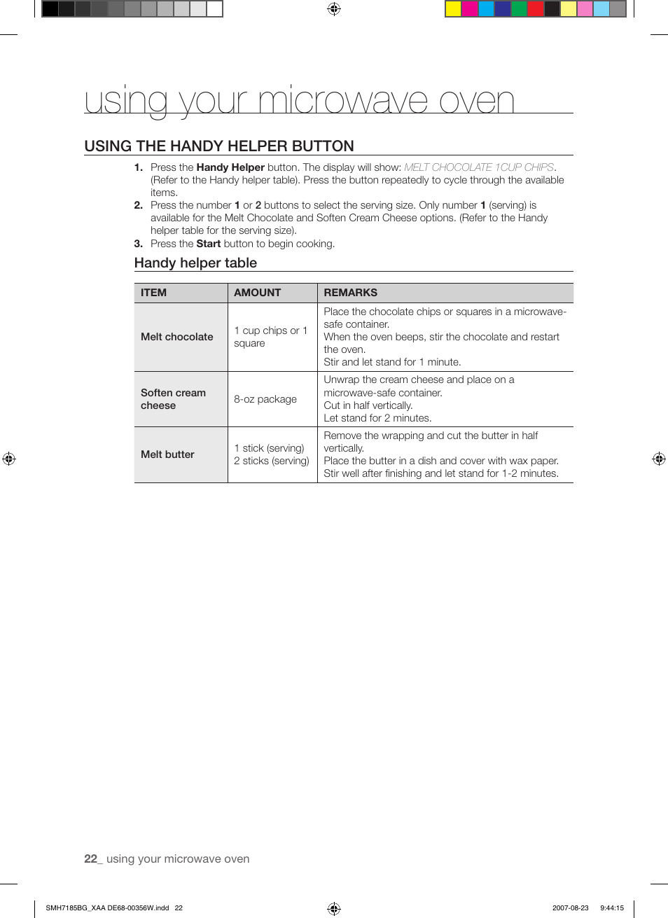 Using your microwave oven, Using the handy helper button | Samsung SMH7185WG-XAA User Manual | Page 22 / 44