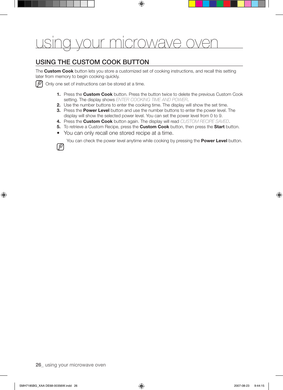 Using your microwave oven, Using the custom cook button | Samsung SMH7185WG-XAA User Manual | Page 26 / 44