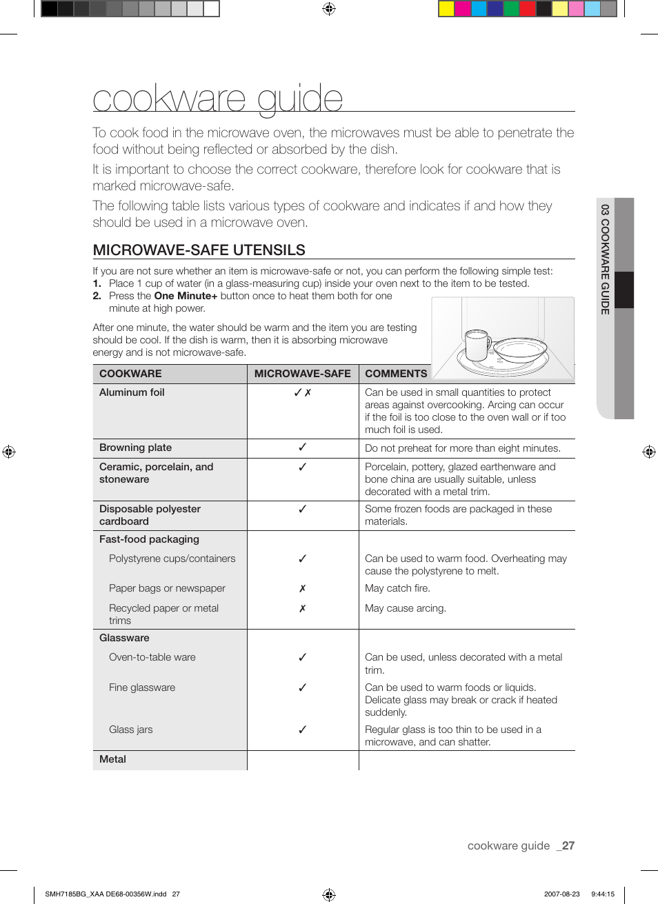 Cookware guide, Microwave-safe utensils | Samsung SMH7185WG-XAA User Manual | Page 27 / 44