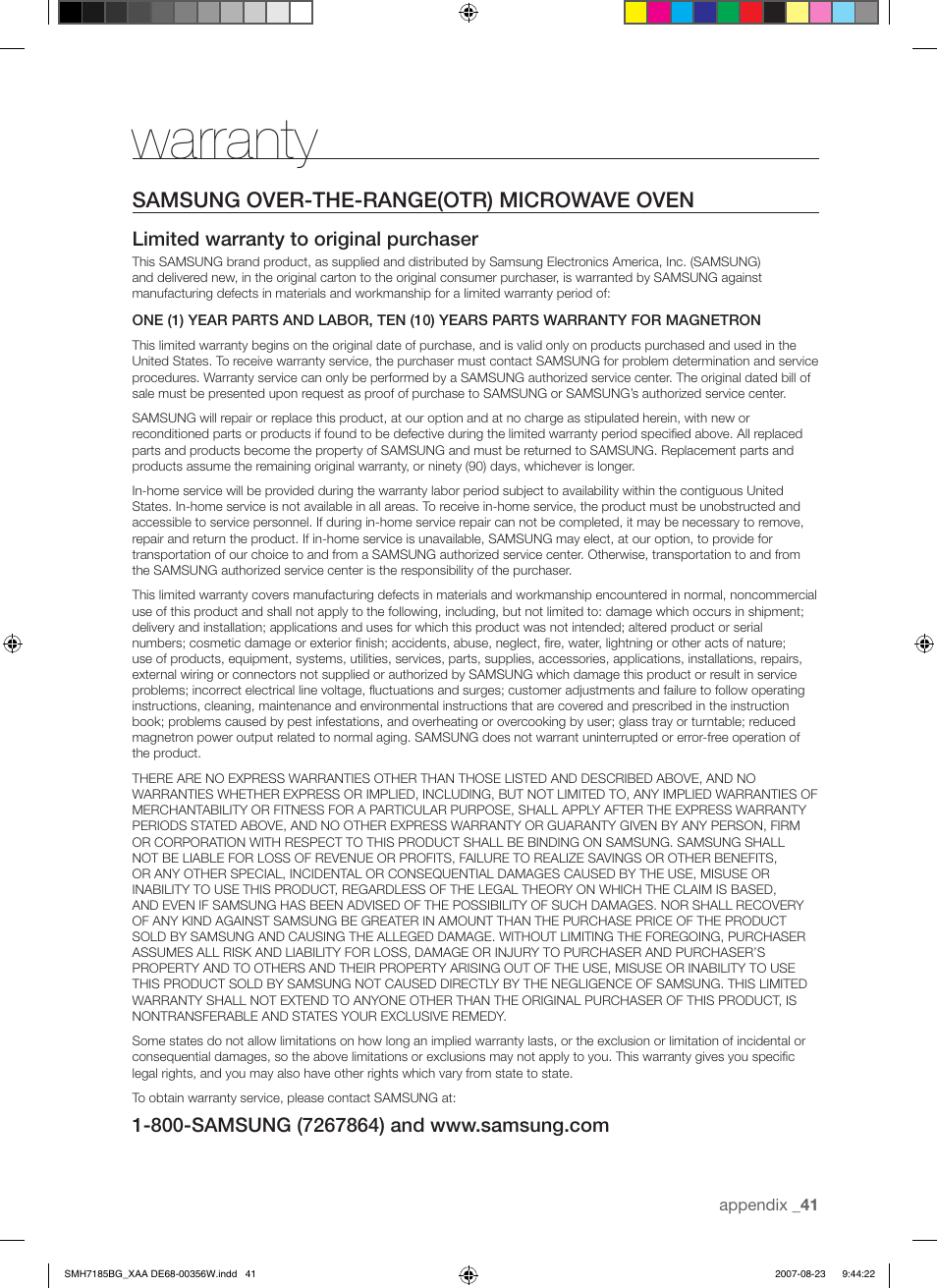 Warranty, Samsung over-the-range(otr) microwave oven | Samsung SMH7185WG-XAA User Manual | Page 41 / 44