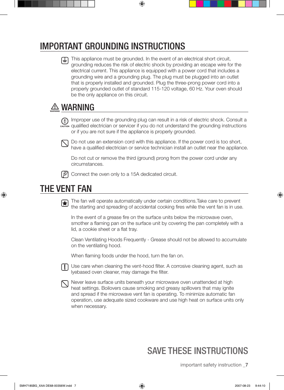 Important grounding instructions, The vent fan, Save these instructions | Warning | Samsung SMH7185WG-XAA User Manual | Page 7 / 44