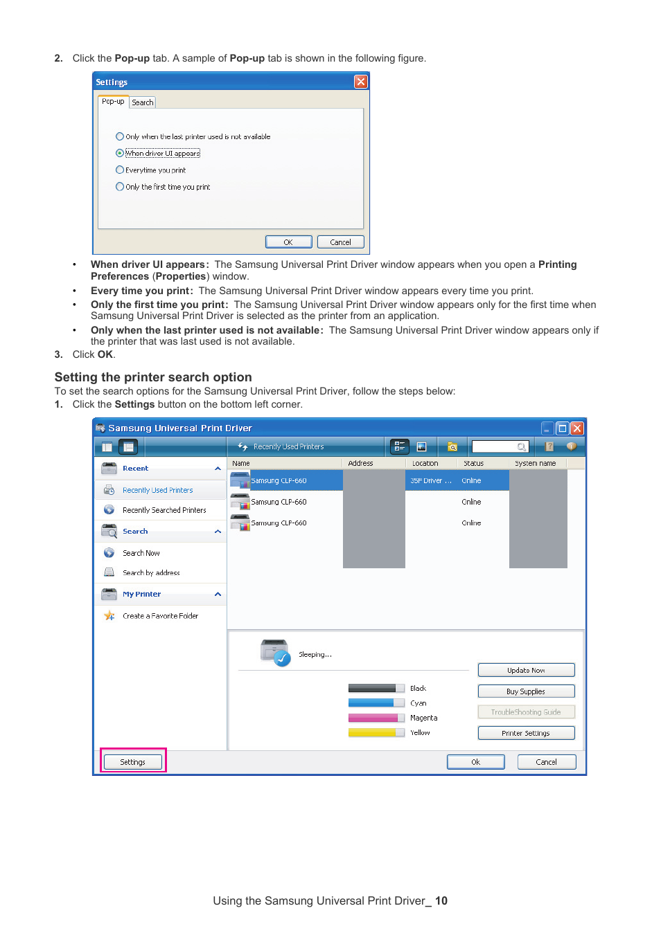 Setting the printer search option | Samsung CLP-670ND-XAA User Manual | Page 10 / 14