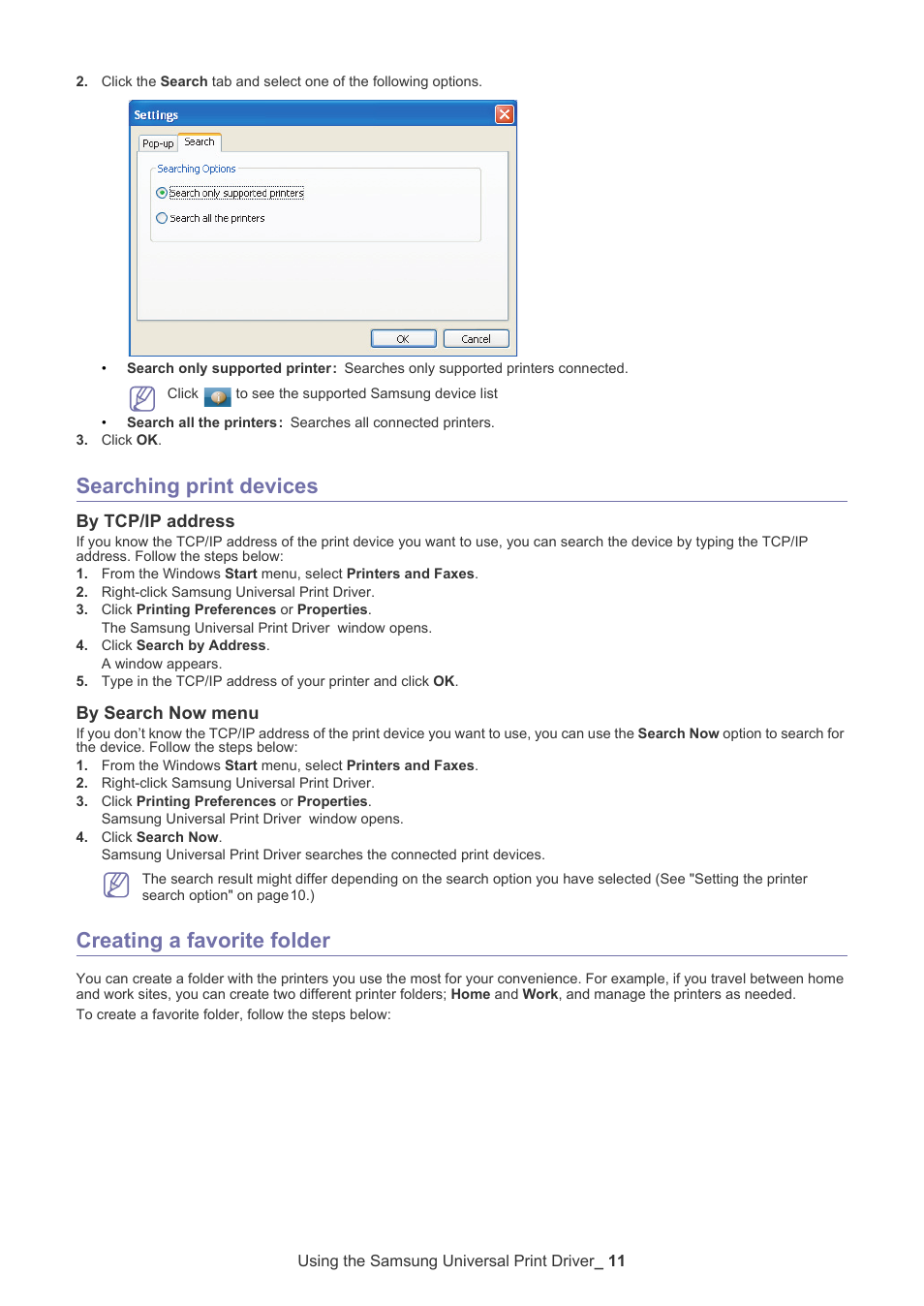 Searching print devices, By tcp/ip address, By search now menu | Creating a favorite folder | Samsung CLP-670ND-XAA User Manual | Page 11 / 14