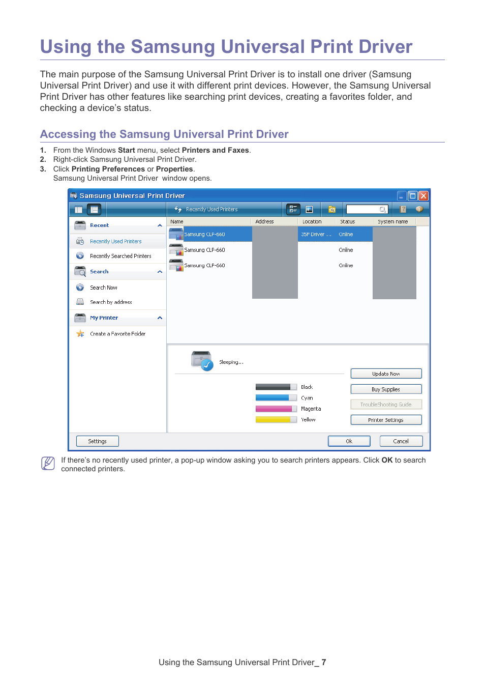 Using the samsung universal print driver, Accessing the samsung universal print driver | Samsung CLP-670ND-XAA User Manual | Page 7 / 14
