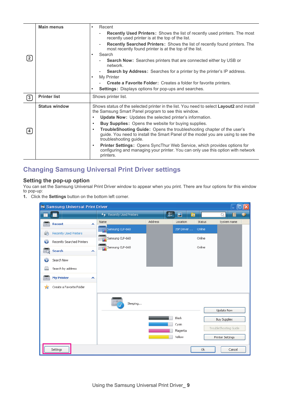 Changing samsung universal print driver settings, Setting the pop-up option | Samsung CLP-670ND-XAA User Manual | Page 9 / 14