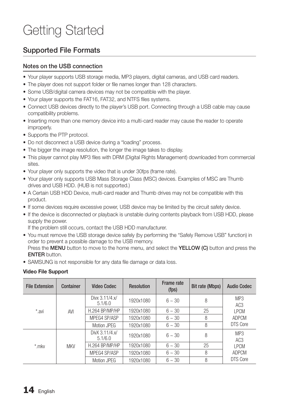 Supported file formats, Getting started | Samsung BD-D7000-ZA User Manual | Page 14 / 81