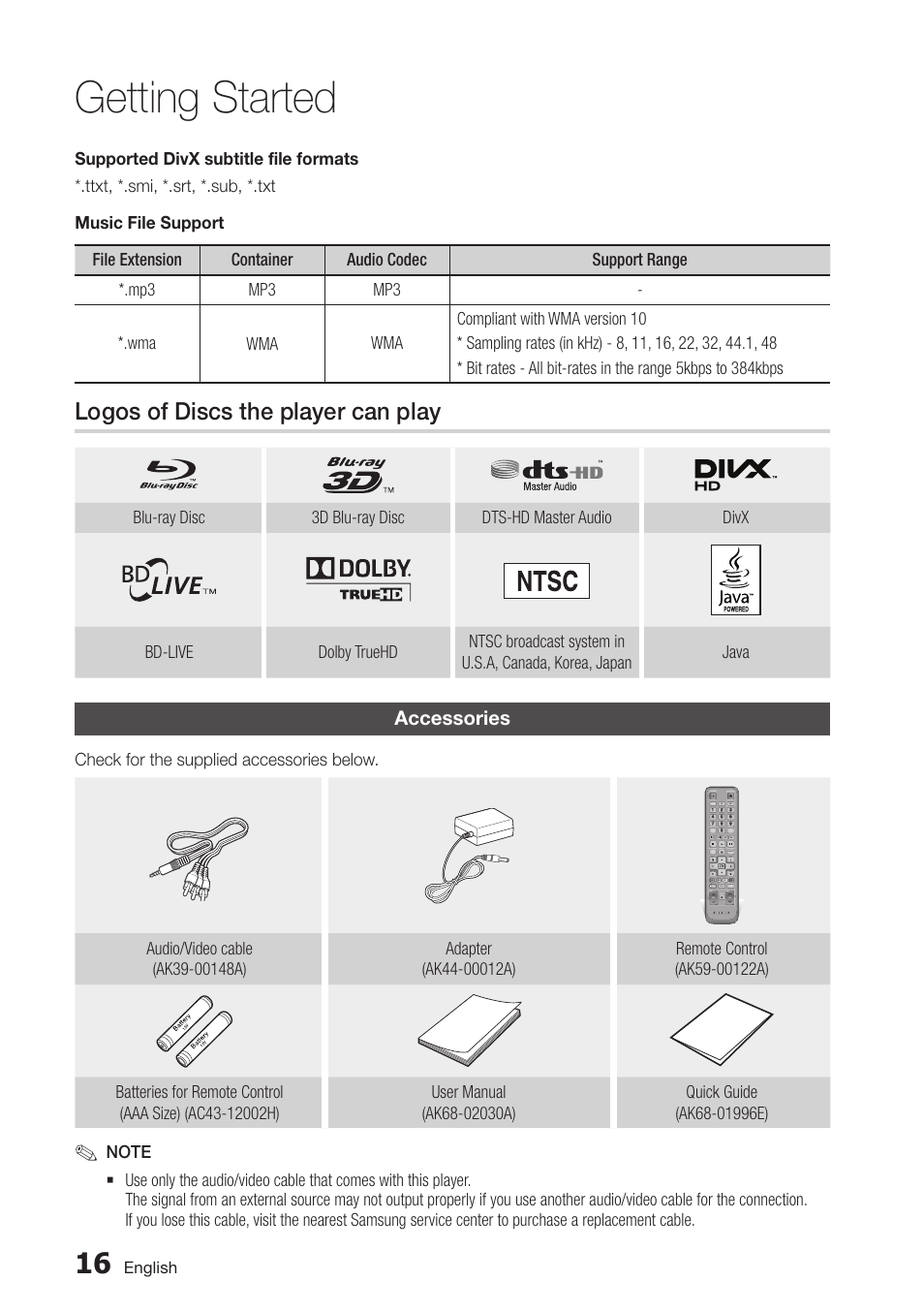 Logos of discs the player can play, Accessories, 16 accessories | Getting started | Samsung BD-D7000-ZA User Manual | Page 16 / 81