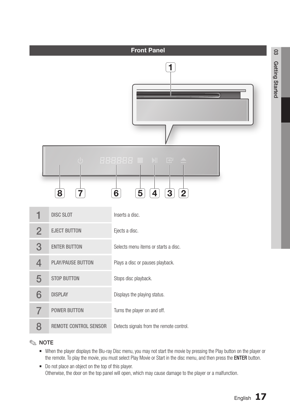 Front panel, 17 front panel | Samsung BD-D7000-ZA User Manual | Page 17 / 81