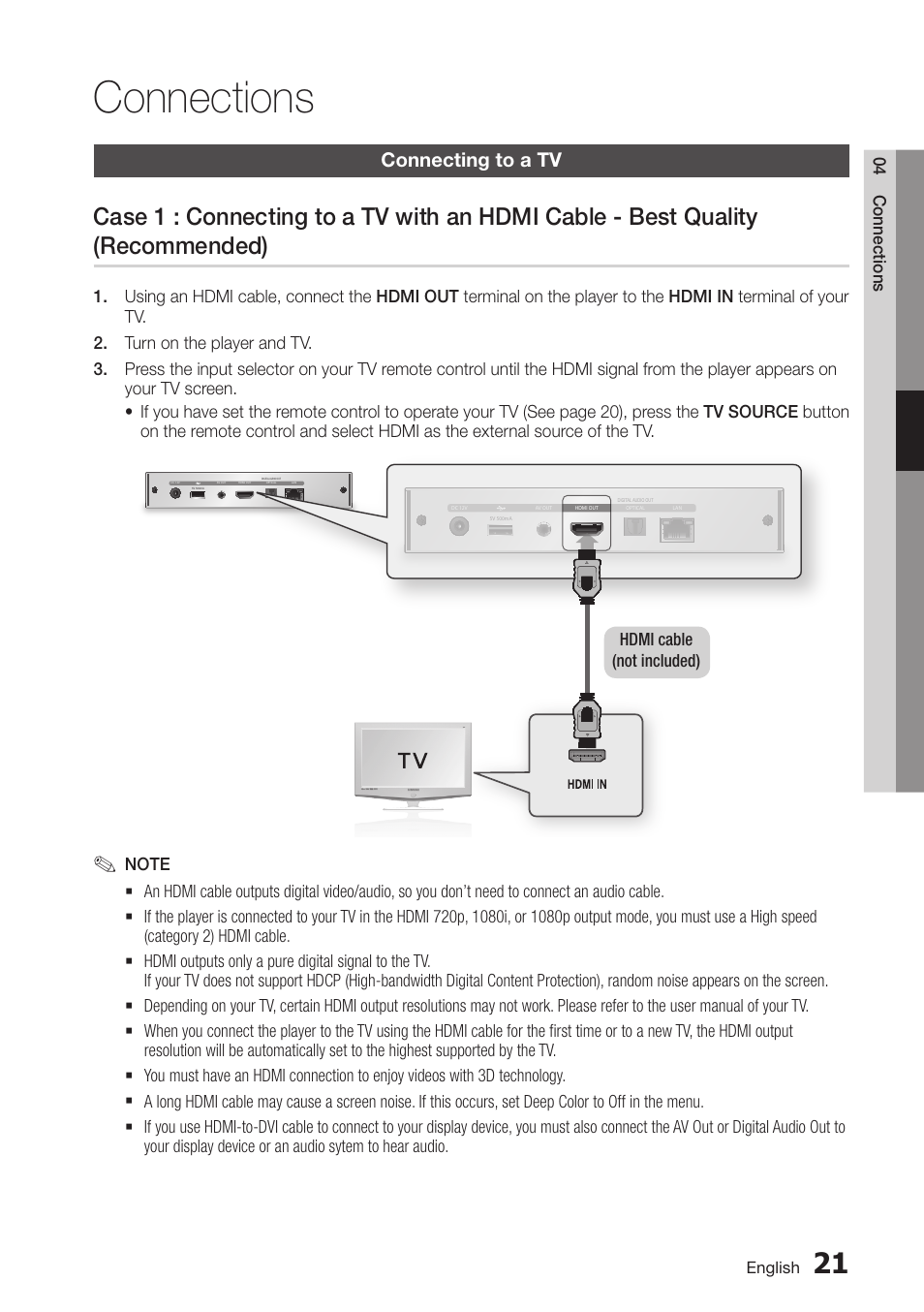Connections, Connecting to a tv, 21 connecting to a tv | Case 1 : connecting to a tv with an hdmi cable, Best quality (recommended) | Samsung BD-D7000-ZA User Manual | Page 21 / 81