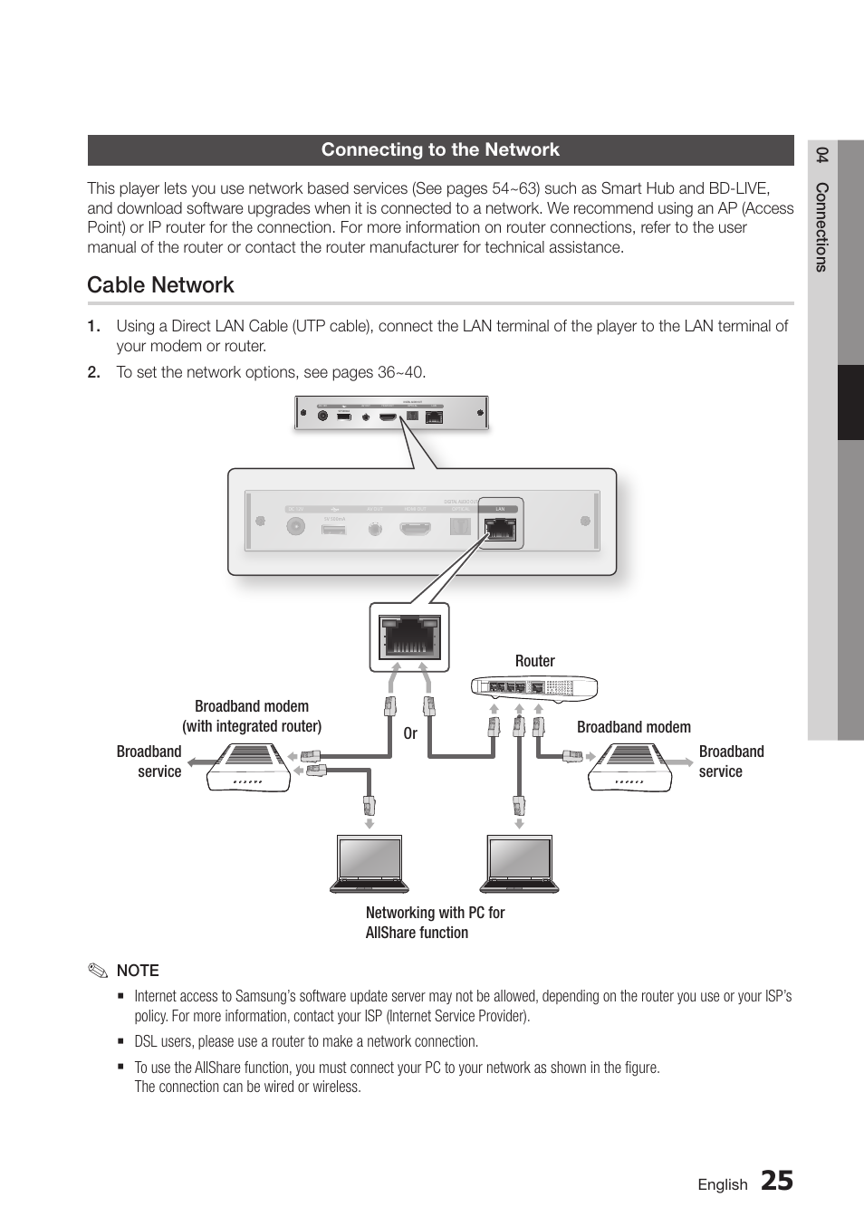 Connecting to the network, Cable network, 25 connecting to the network | Samsung BD-D7000-ZA User Manual | Page 25 / 81
