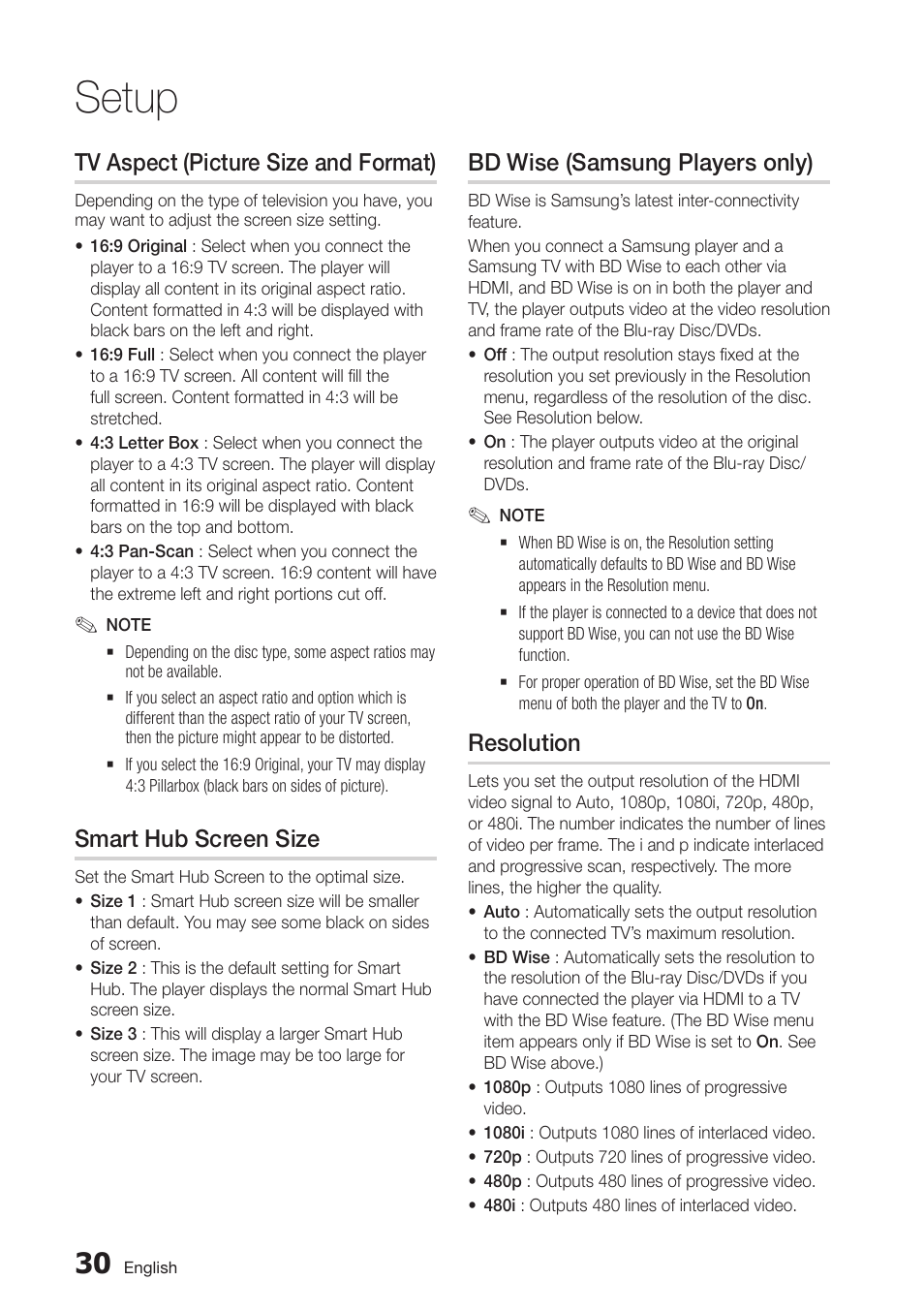 Tv aspect (picture size and format), Smart hub screen size, Bd wise (samsung players only) | Resolution, 30 resolution, Setup | Samsung BD-D7000-ZA User Manual | Page 30 / 81