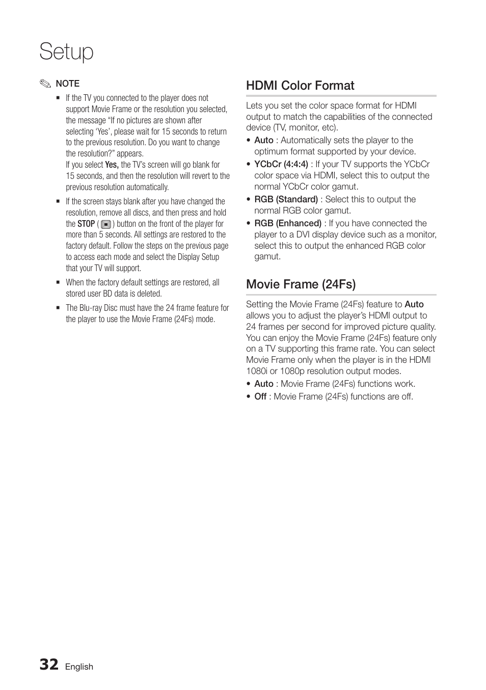 Hdmi color format, Movie frame (24fs), Setup | Samsung BD-D7000-ZA User Manual | Page 32 / 81