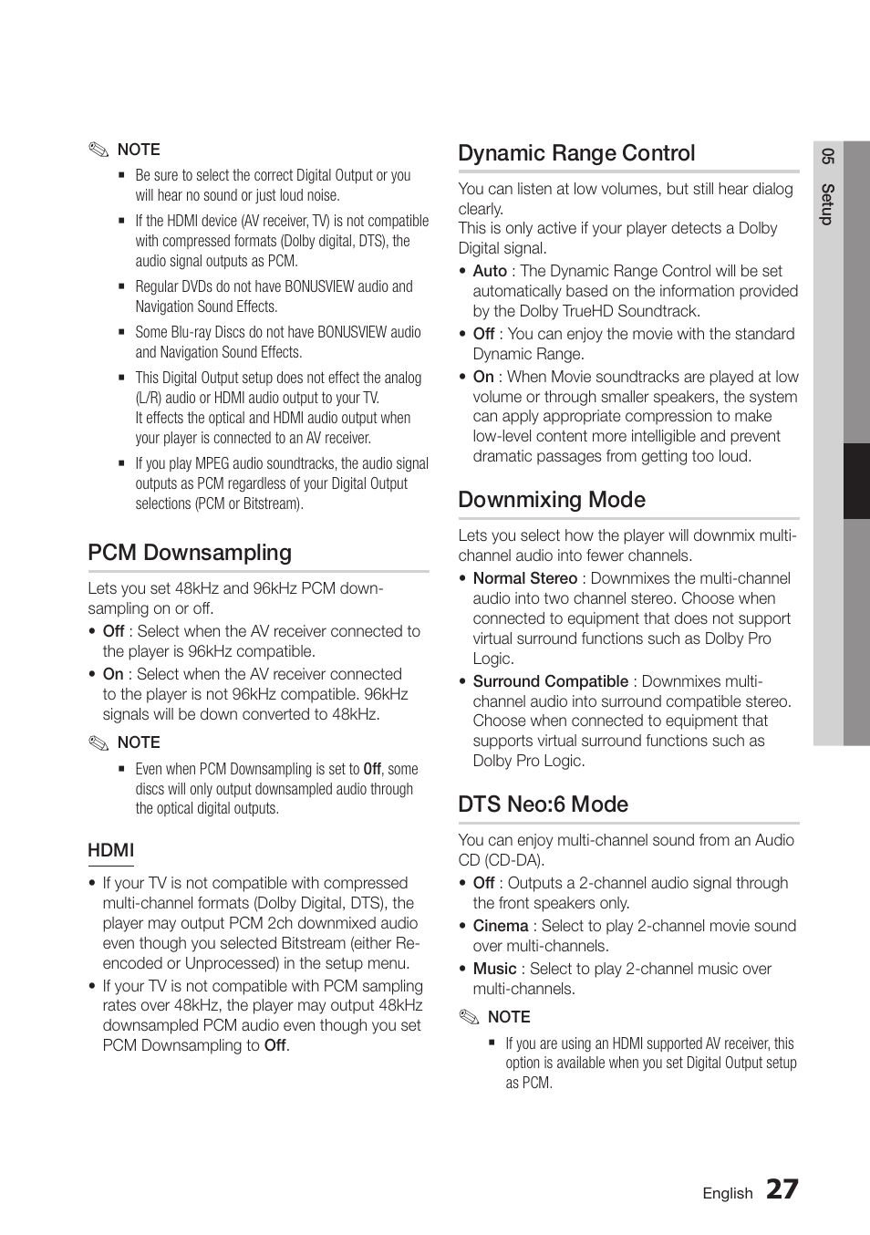 Pcm downsampling, Dynamic range control, Downmixing mode | Dts neo:6 mode | Samsung BD-D7000-ZA User Manual | Page 35 / 81