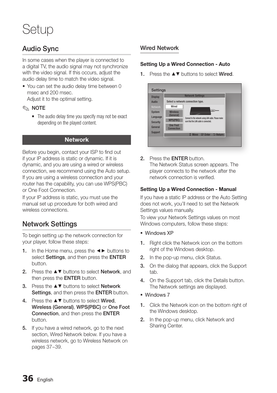 Audio sync, Network, Network settings | 36 network, Setup | Samsung BD-D7000-ZA User Manual | Page 36 / 81