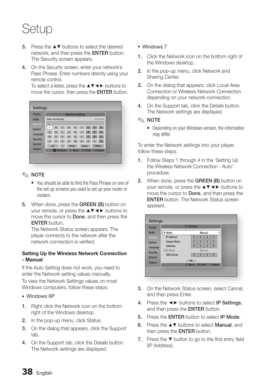 Setup | Samsung BD-D7000-ZA User Manual | Page 38 / 81