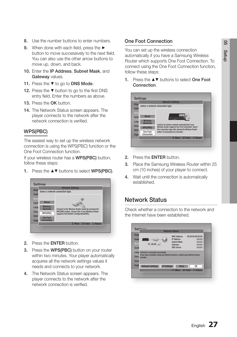 Network status, Wps(pbc), One foot connection | Samsung BD-D7000-ZA User Manual | Page 39 / 81