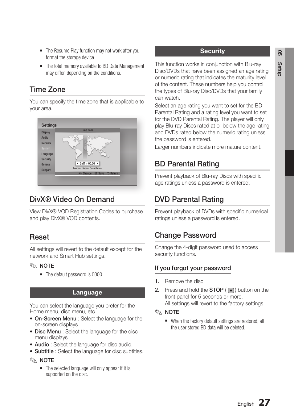 Time zone, Divx® video on demand, Reset | Language, Security, Bd parental rating, Dvd parental rating, Change password, 41 reset, 41 language | Samsung BD-D7000-ZA User Manual | Page 41 / 81