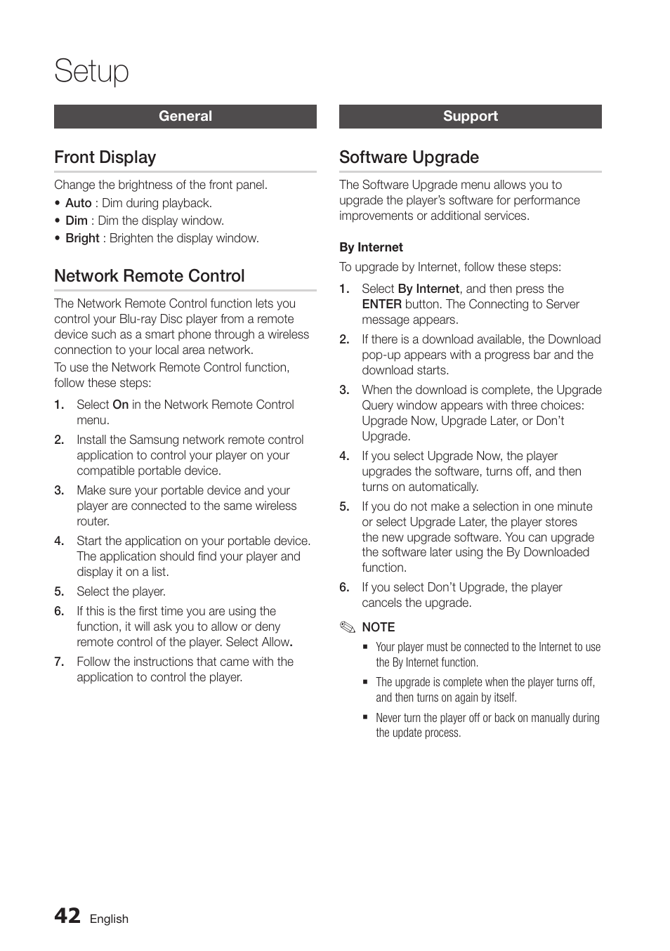 General, Front display, Network remote control | Support, Software upgrade, 42 general, 42 support, Setup | Samsung BD-D7000-ZA User Manual | Page 42 / 81