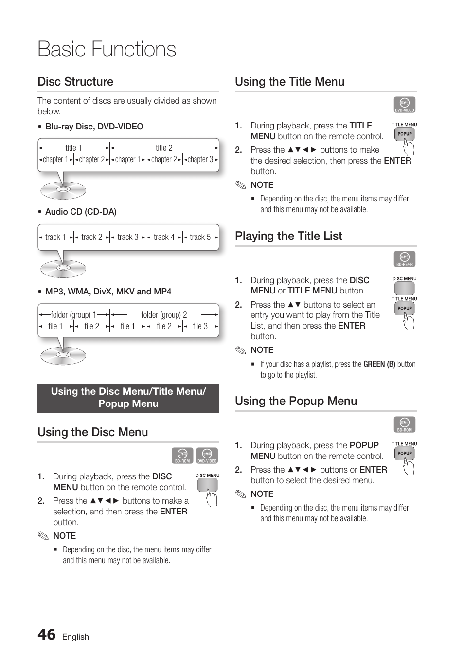Disc structure, Using the disc menu/title menu/ popup menu, Using the disc menu | Using the title menu, Playing the title list, Using the popup menu, 46 using the disc menu/title menu/popup menu, Basic functions | Samsung BD-D7000-ZA User Manual | Page 46 / 81
