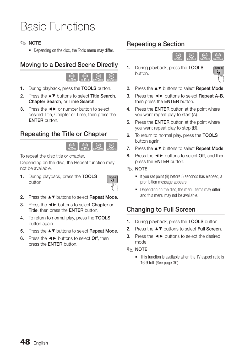 Moving to a desired scene directly, Repeating the title or chapter, Repeating a section | Changing to full screen, Basic functions | Samsung BD-D7000-ZA User Manual | Page 48 / 81