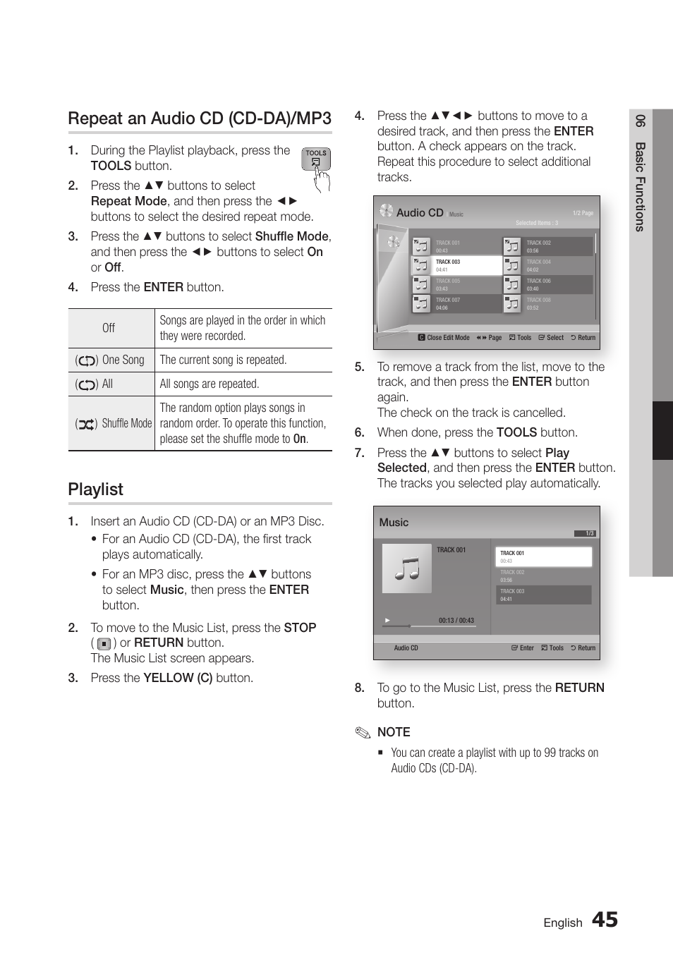 Repeat an audio cd (cd-da)/mp3, Playlist, 51 playlist | Samsung BD-D7000-ZA User Manual | Page 51 / 81