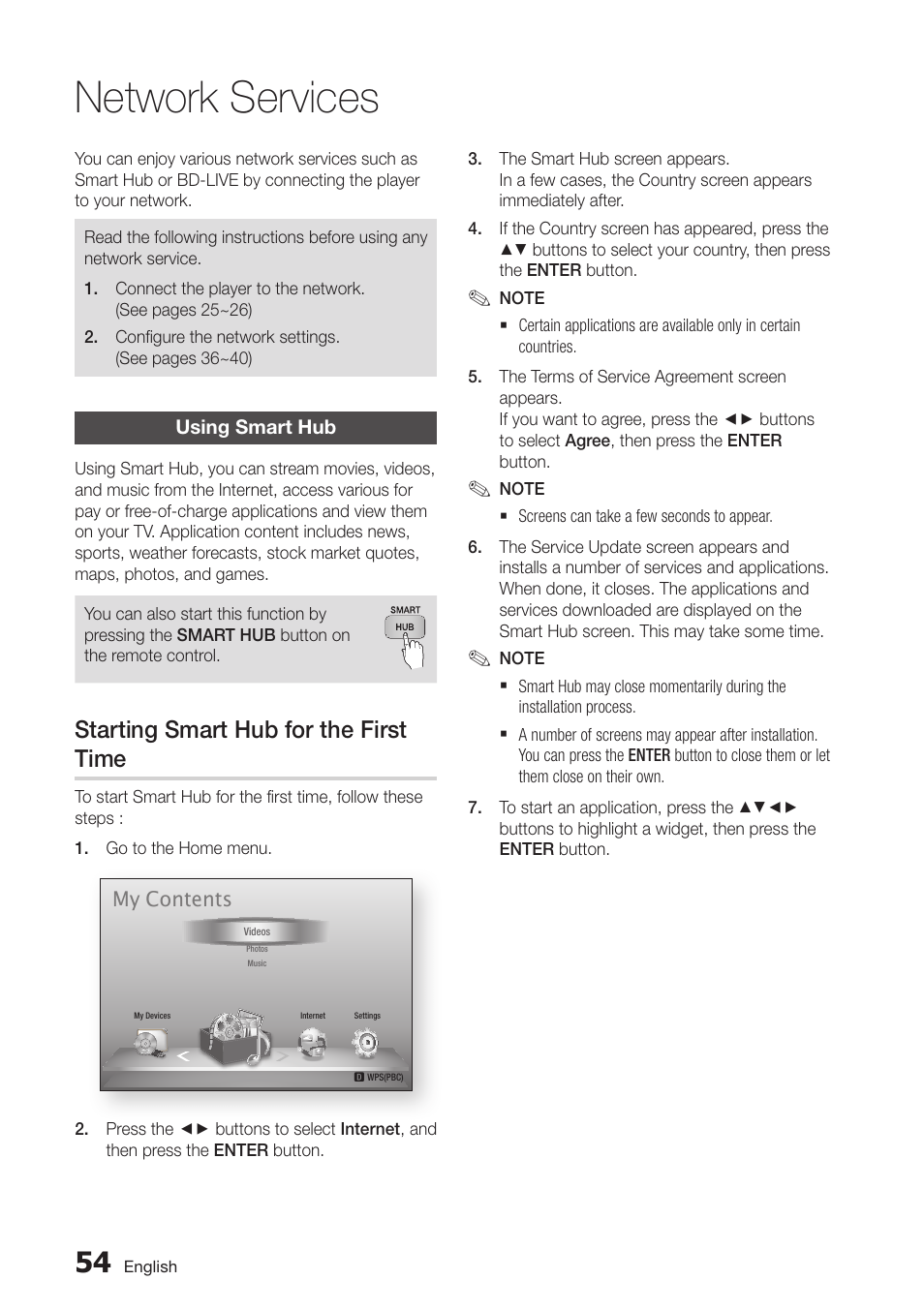 Network services, Using smart hub, Starting smart hub for the first time | 54 using smart hub | Samsung BD-D7000-ZA User Manual | Page 54 / 81