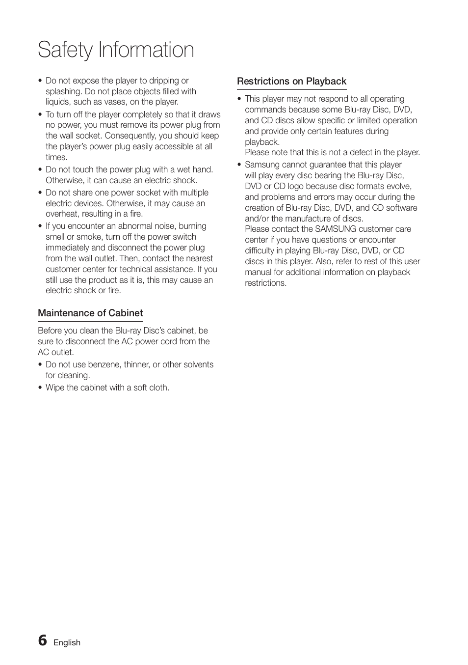 Safety information | Samsung BD-D7000-ZA User Manual | Page 6 / 81