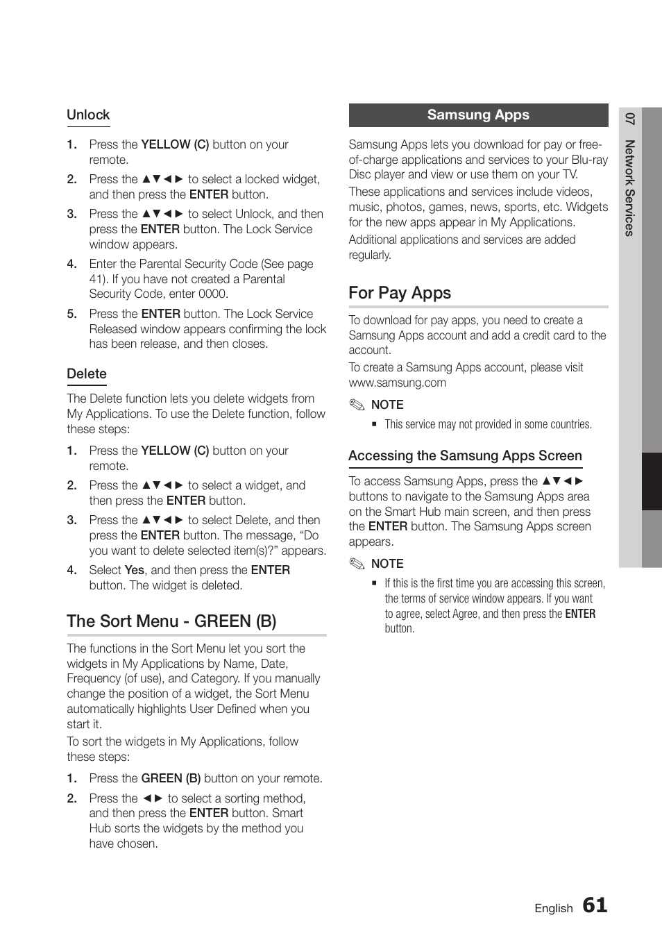 The sort menu - green (b), Samsung apps, For pay apps | 61 samsung apps | Samsung BD-D7000-ZA User Manual | Page 61 / 81
